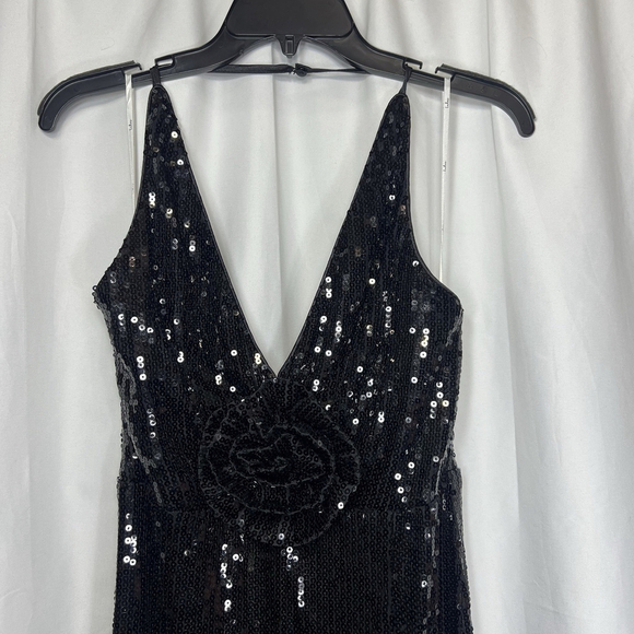 Lulus Women’s Pretty Sensational Black Sequin Rosette Halter Maxi Dress Slit L - Picture 3 of 16